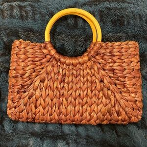 Handcrafted Tan Woven Bag with Wooden Handle